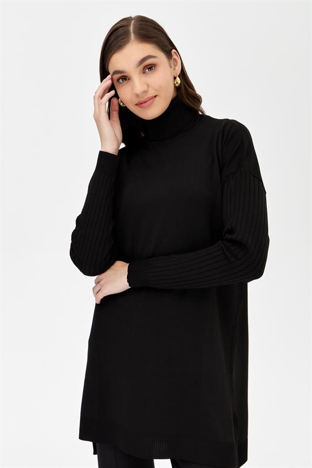 Balıkçı Yaka Kolları Fitilli Triko Tunik-SİYAH