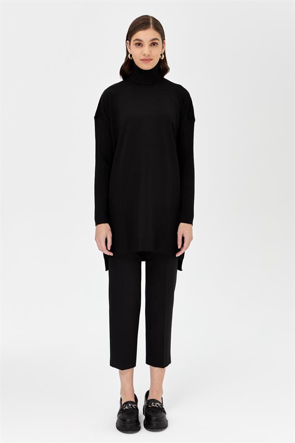 Balıkçı Yaka Kolları Fitilli Triko Tunik-SİYAH