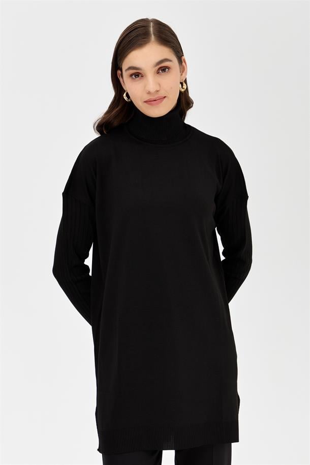 Balıkçı Yaka Kolları Fitilli Triko Tunik-SİYAH