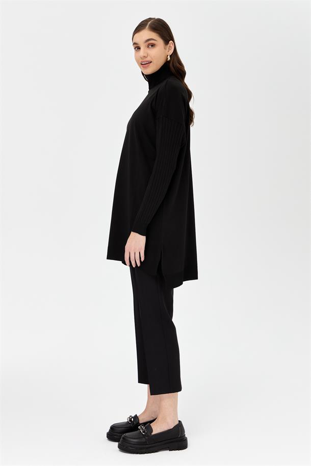 Balıkçı Yaka Kolları Fitilli Triko Tunik-SİYAH