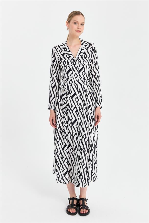 Baskı Desen Kemerli Elbise-SİYAH