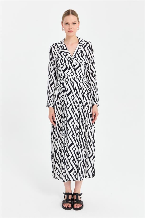 Baskı Desen Kemerli Elbise-SİYAH