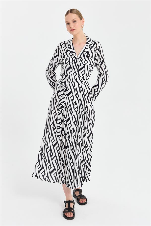 Baskı Desen Kemerli Elbise-SİYAH