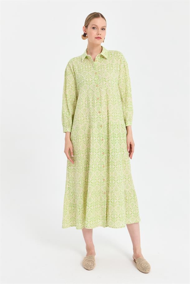 Baskı Desen Rahat Şile Bezi Elbise-YEŞİL