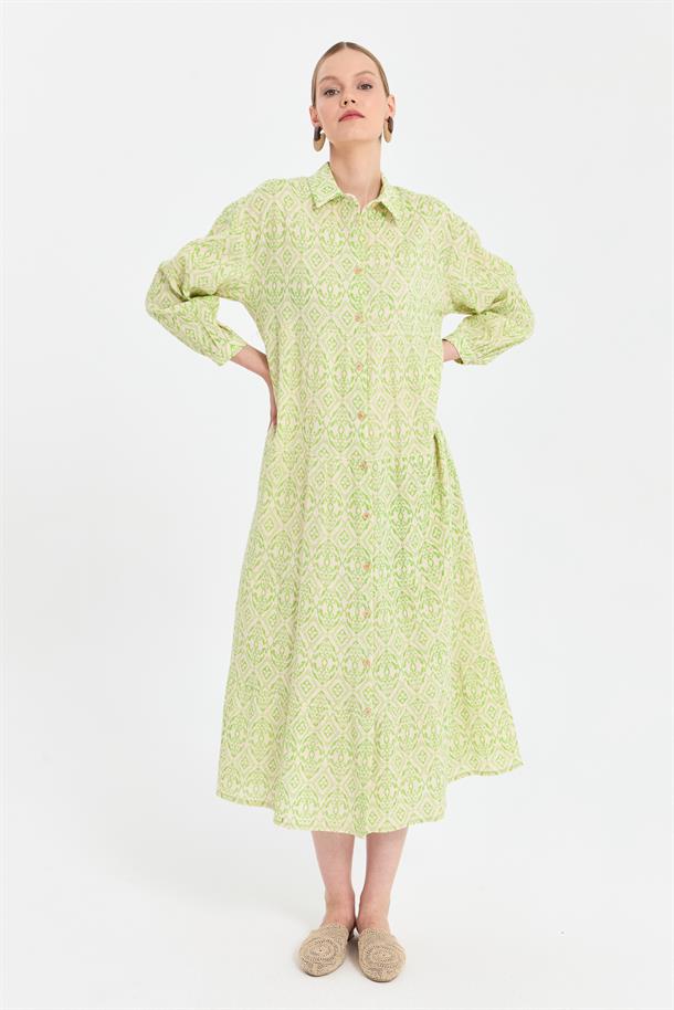 Baskı Desen Rahat Şile Bezi Elbise-YEŞİL