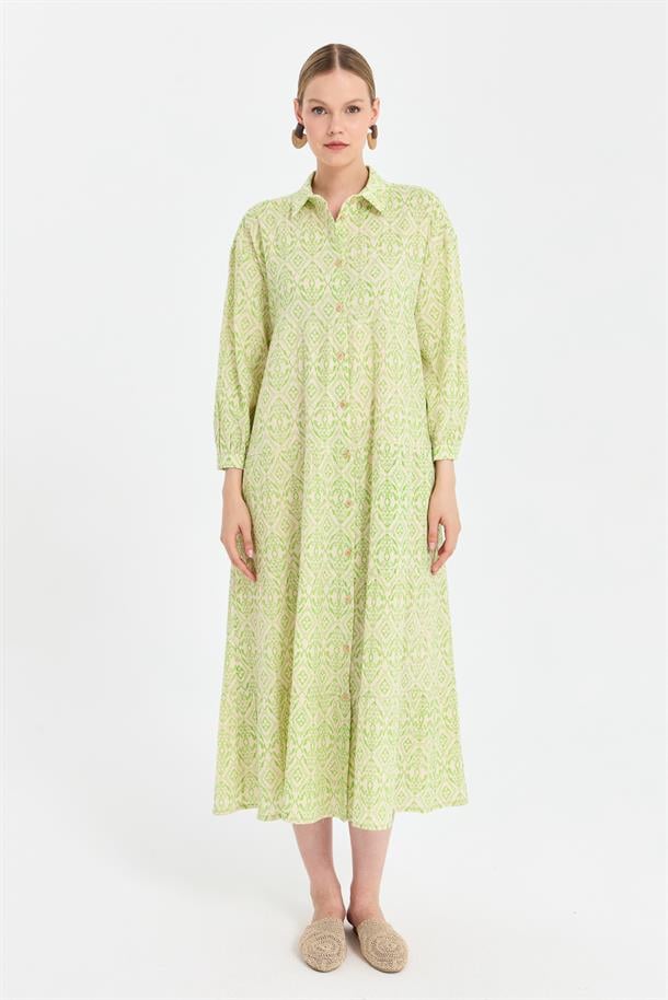Baskı Desen Rahat Şile Bezi Elbise-YEŞİL