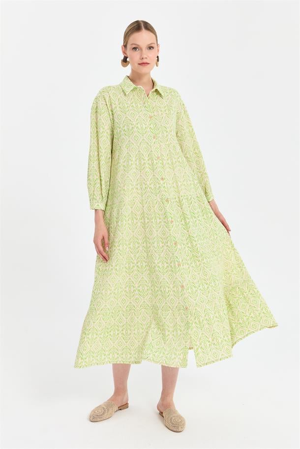 Baskı Desen Rahat Şile Bezi Elbise-YEŞİL