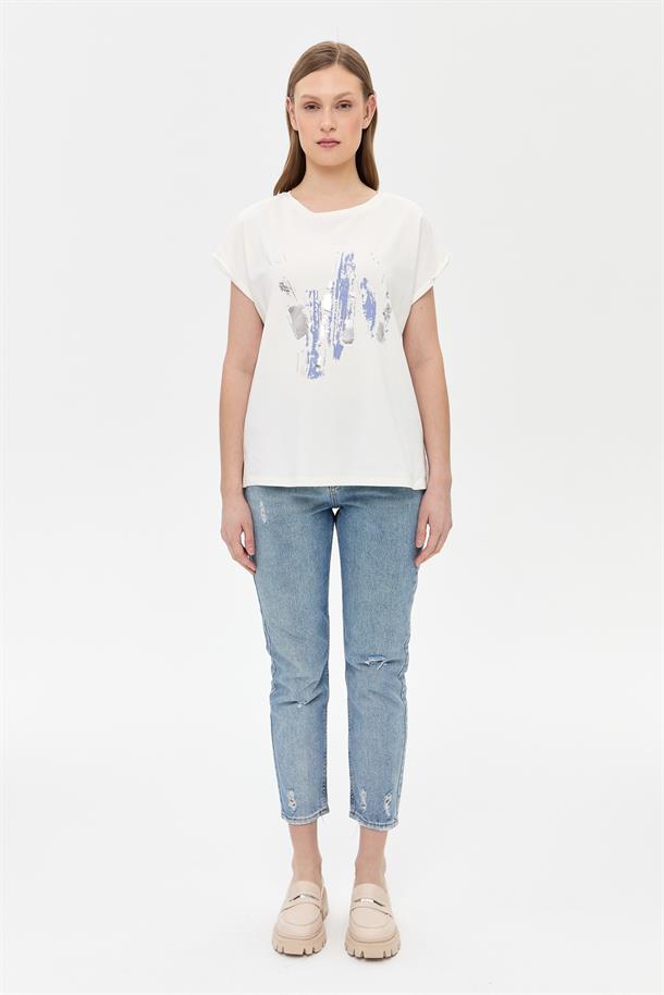 Baskı Desenli Kısa Kollu Tişört-MAVİ