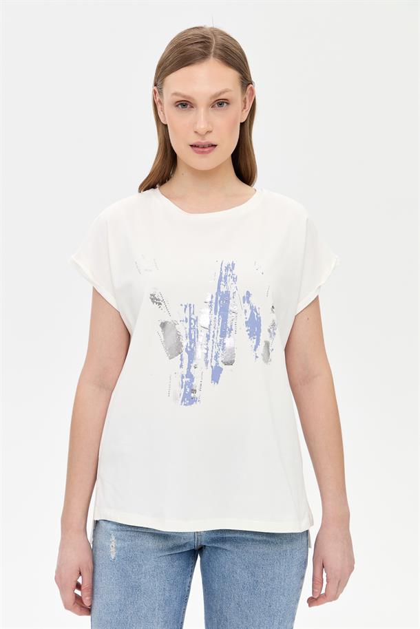 Baskı Desenli Kısa Kollu Tişört-MAVİ