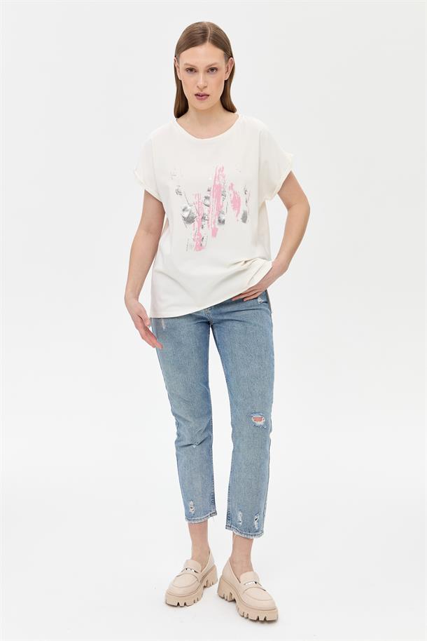 Baskı Desenli Kısa Kollu Tişört-PEMBE