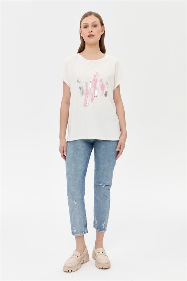 Baskı Desenli Kısa Kollu Tişört-PEMBE