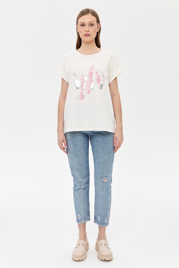 Baskı Desenli Kısa Kollu Tişört-PEMBE