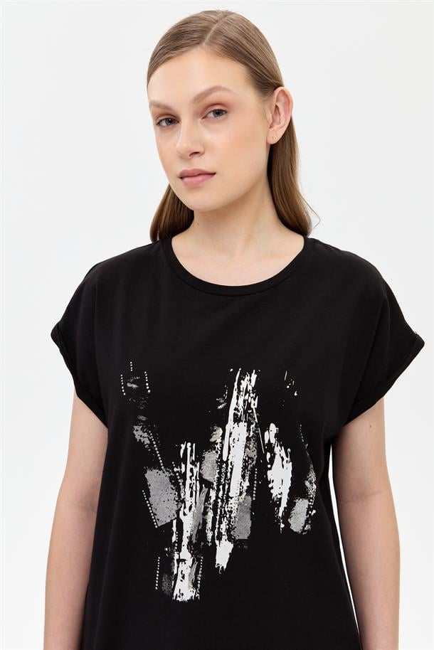 Baskı Desenli Kısa Kollu Tişört-SİYAH