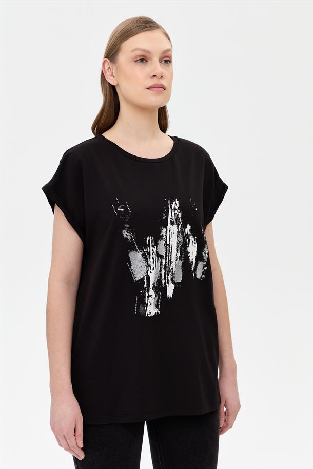 Baskı Desenli Kısa Kollu Tişört-SİYAH