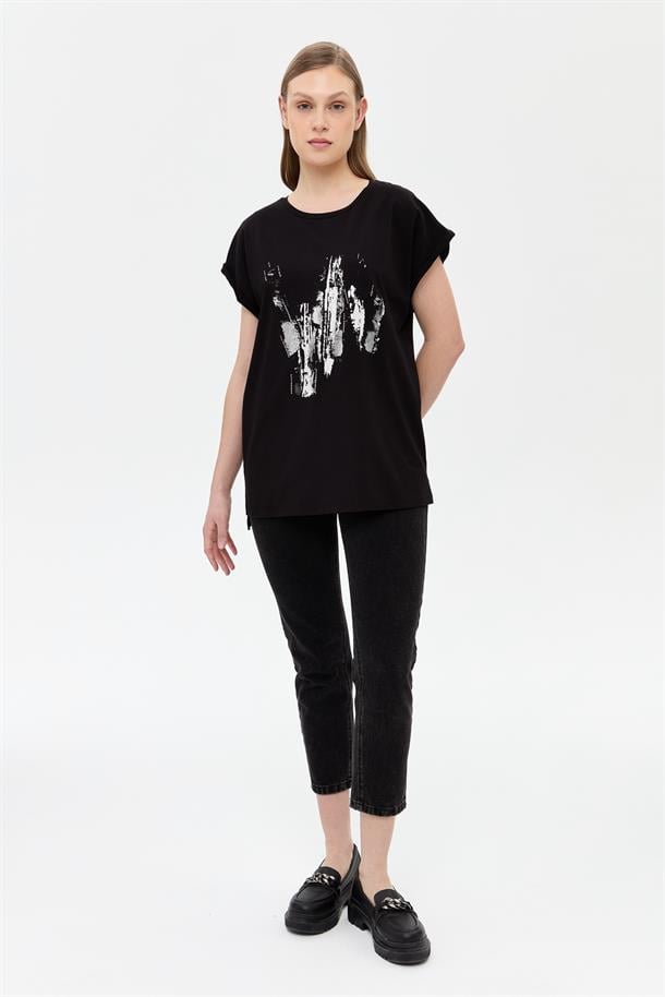 Baskı Desenli Kısa Kollu Tişört-SİYAH