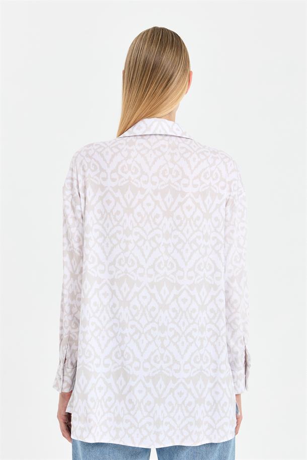 Baskı Desenli Rahat Gömlek-BEJ