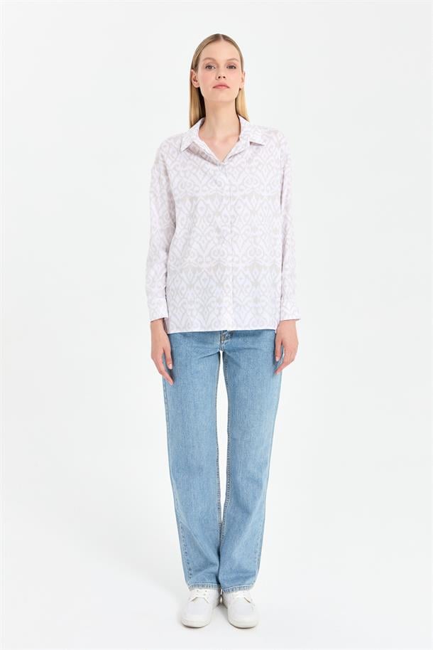 Baskı Desenli Rahat Gömlek-BEJ