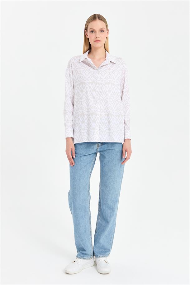 Baskı Desenli Rahat Gömlek-BEJ