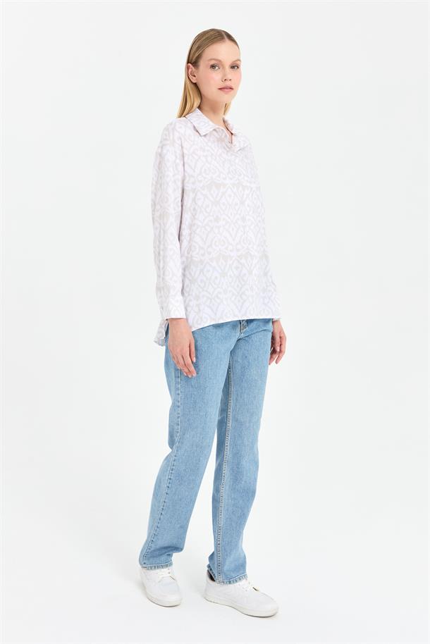 Baskı Desenli Rahat Gömlek-BEJ