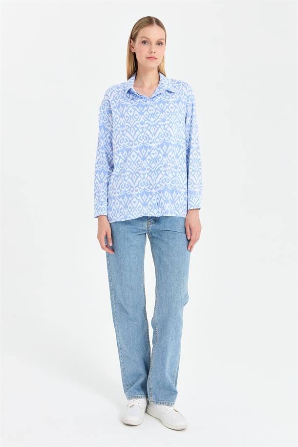 Baskı Desenli Rahat Gömlek-MAVİ