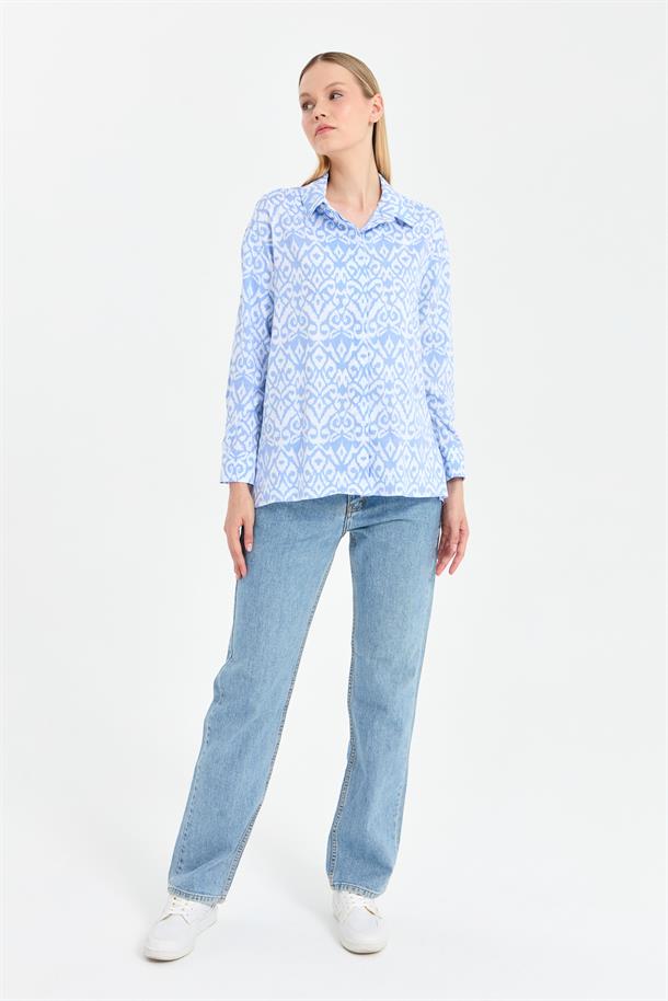 Baskı Desenli Rahat Gömlek-MAVİ