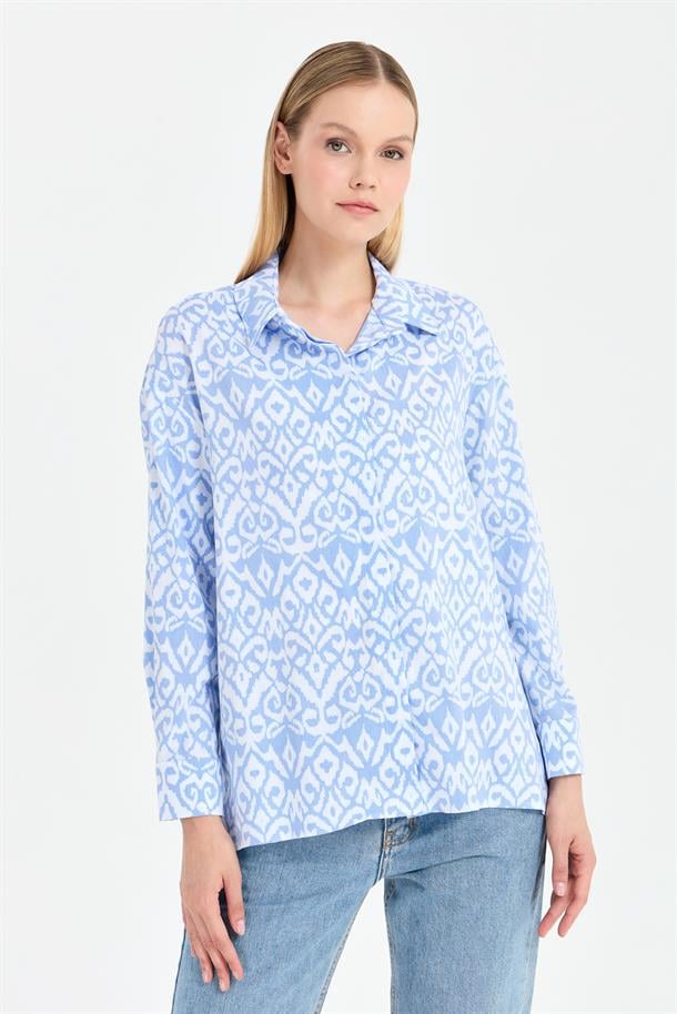 Baskı Desenli Rahat Gömlek-MAVİ