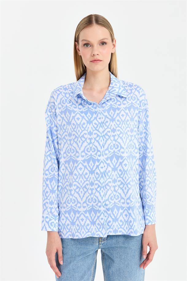 Baskı Desenli Rahat Gömlek-MAVİ