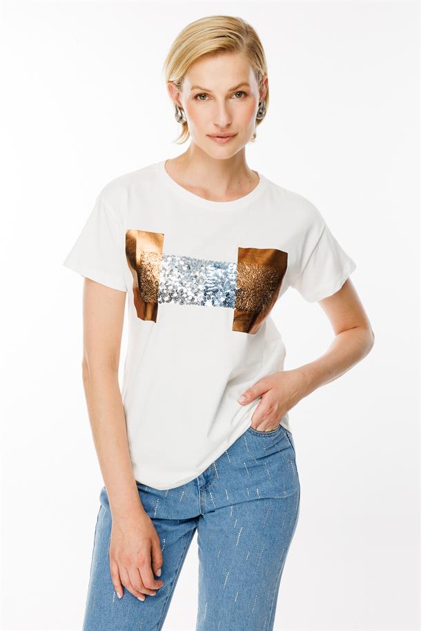 Baskı Desenli Tişört-EKRU