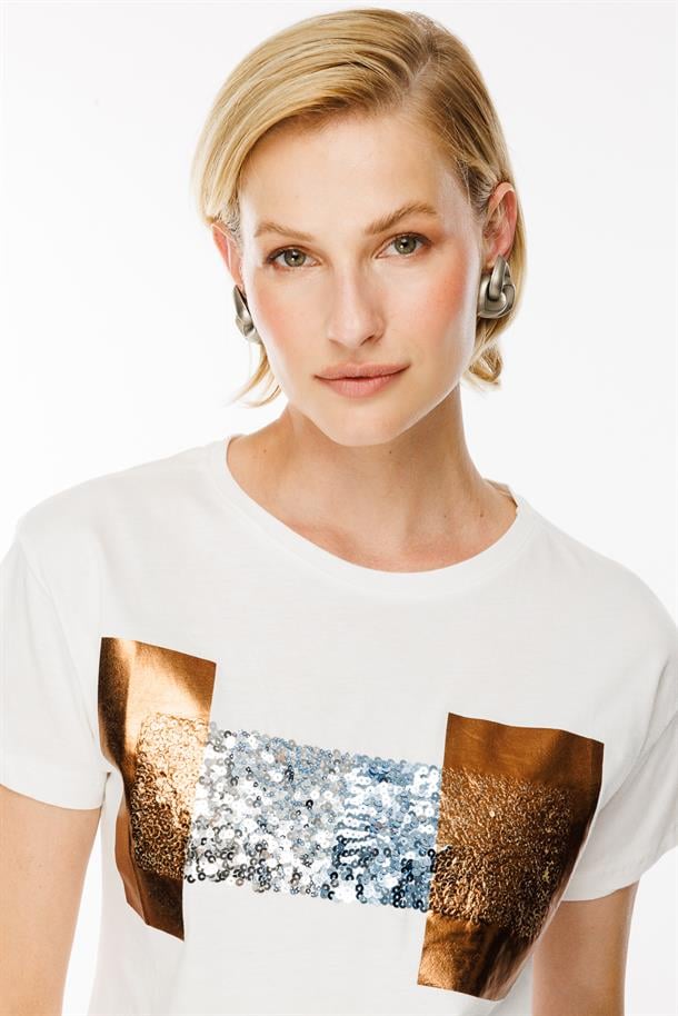 Baskı Desenli Tişört-EKRU