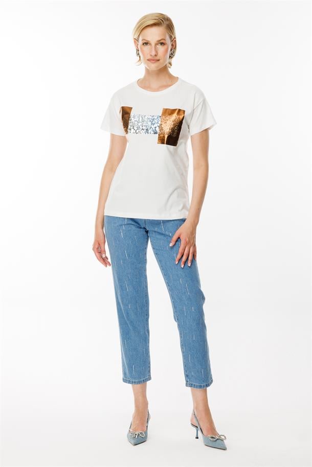 Baskı Desenli Tişört-EKRU