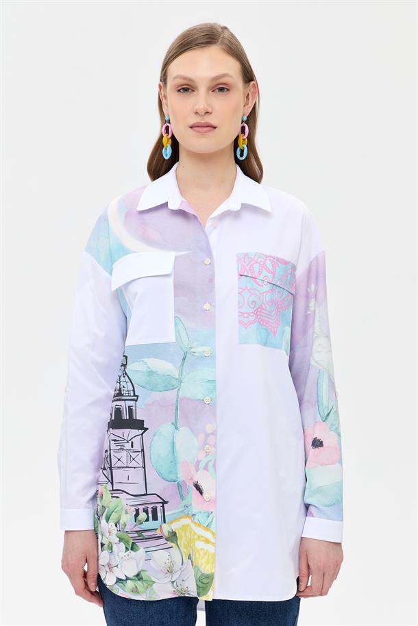 Baskı Detaylı Koton Gömlek-BEYAZ