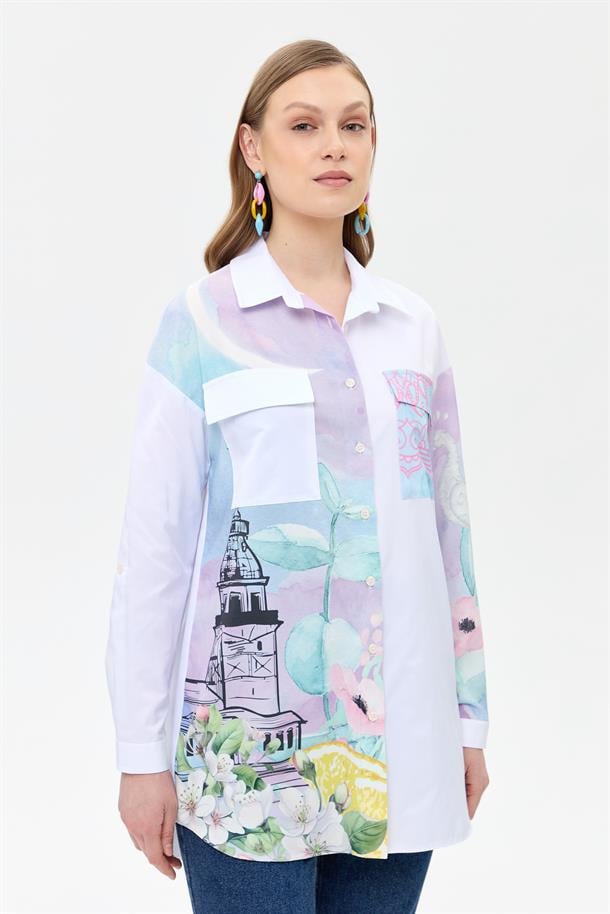 Baskı Detaylı Koton Gömlek-BEYAZ