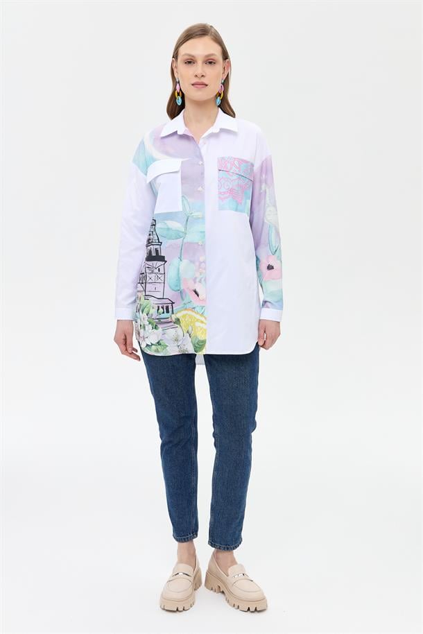 Baskı Detaylı Koton Gömlek-BEYAZ