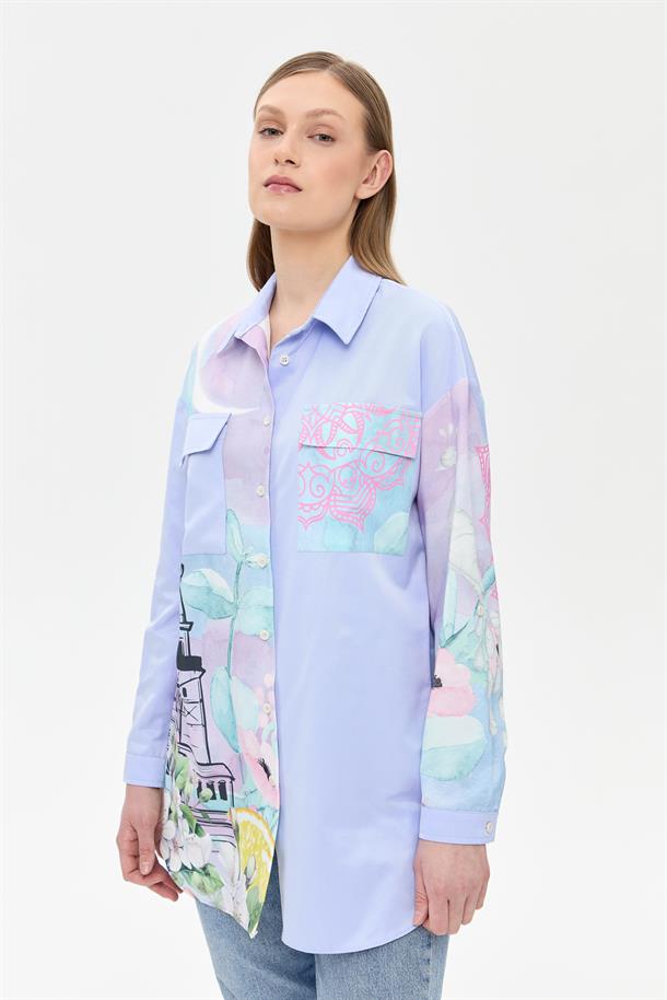Baskı Detaylı Koton Gömlek-MAVİ