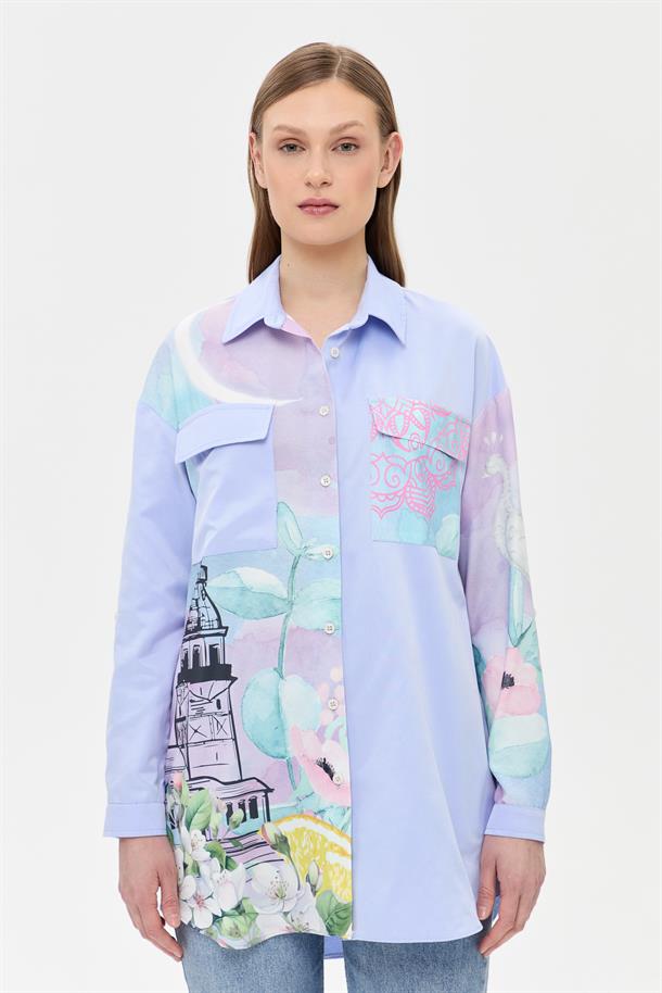 Baskı Detaylı Koton Gömlek-MAVİ