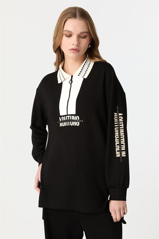 Baskı Detaylı Modal Tunik-SİYAH