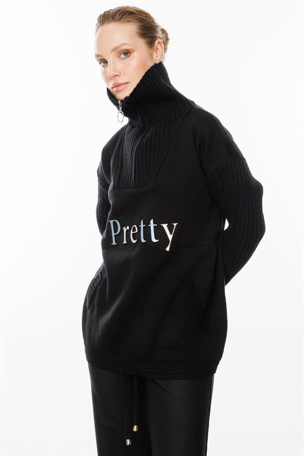 Baskı Detaylı Sweat Triko-SİYAH