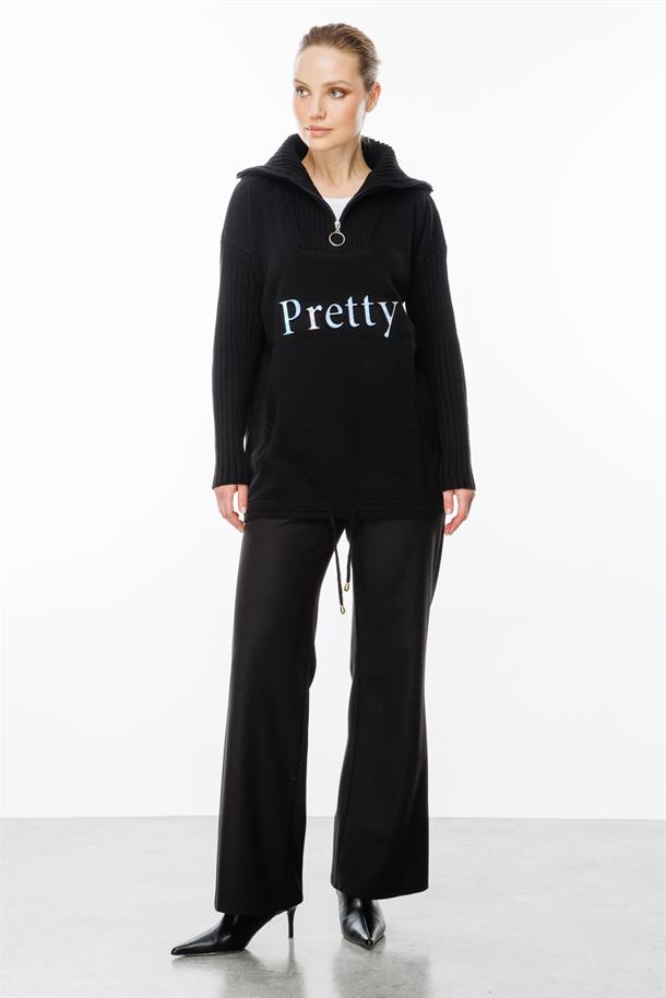 Baskı Detaylı Sweat Triko-SİYAH