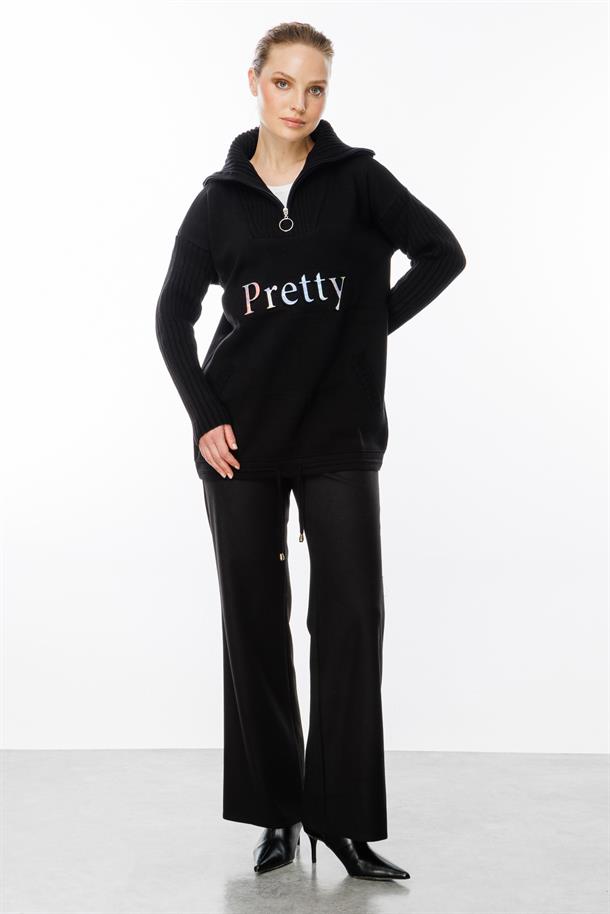 Baskı Detaylı Sweat Triko-SİYAH