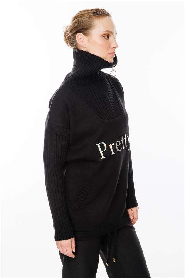 Baskı Detaylı Sweat Triko-SİYAH