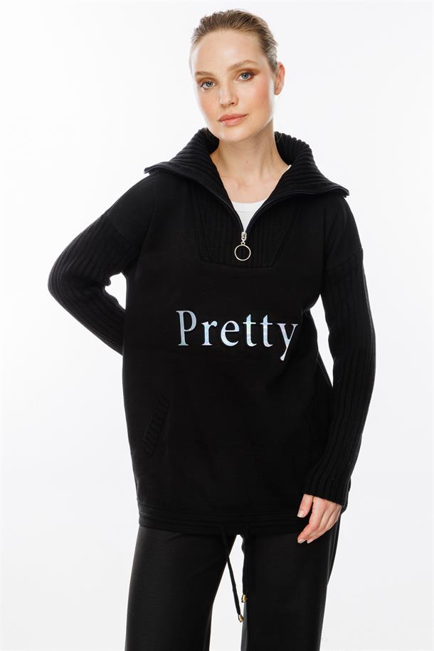 Baskı Detaylı Sweat Triko-SİYAH