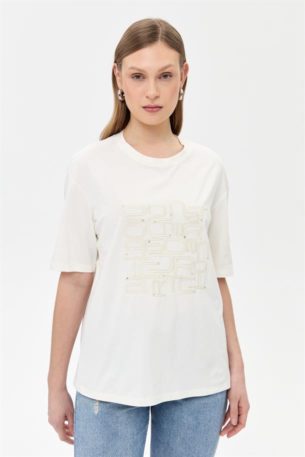 Baskı ve Boncuk Detaylı Tişört-BEYAZ