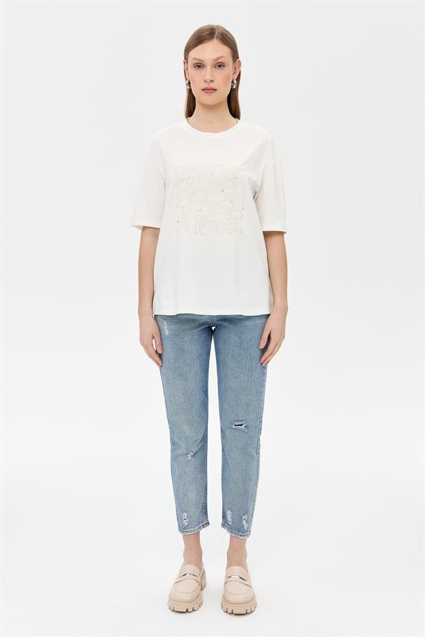 Baskı ve Boncuk Detaylı Tişört-BEYAZ