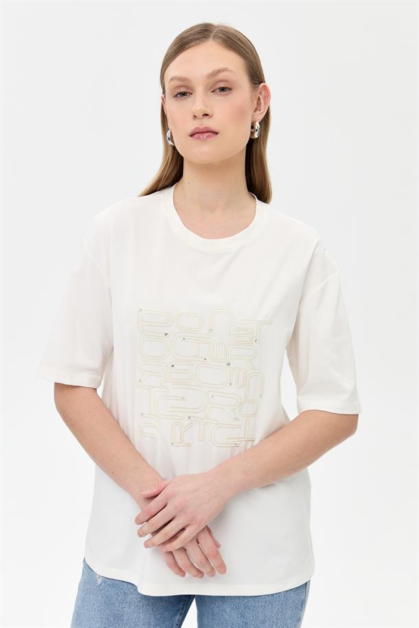 Baskı ve Boncuk Detaylı Tişört-BEYAZ