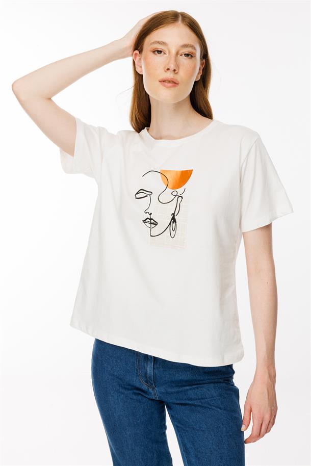 Baskı Yüz Desenli Tişört-EKRU