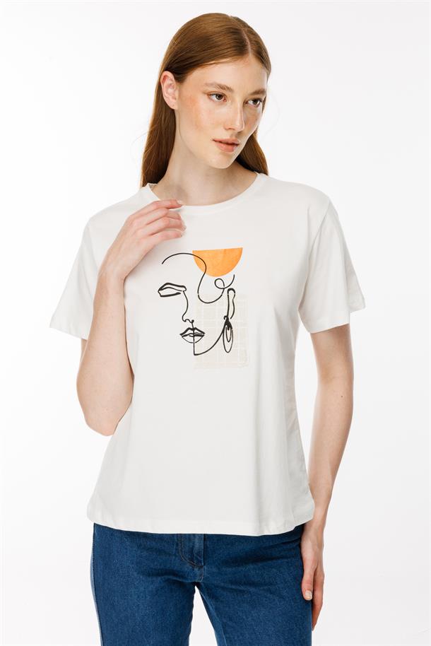Baskı Yüz Desenli Tişört-EKRU