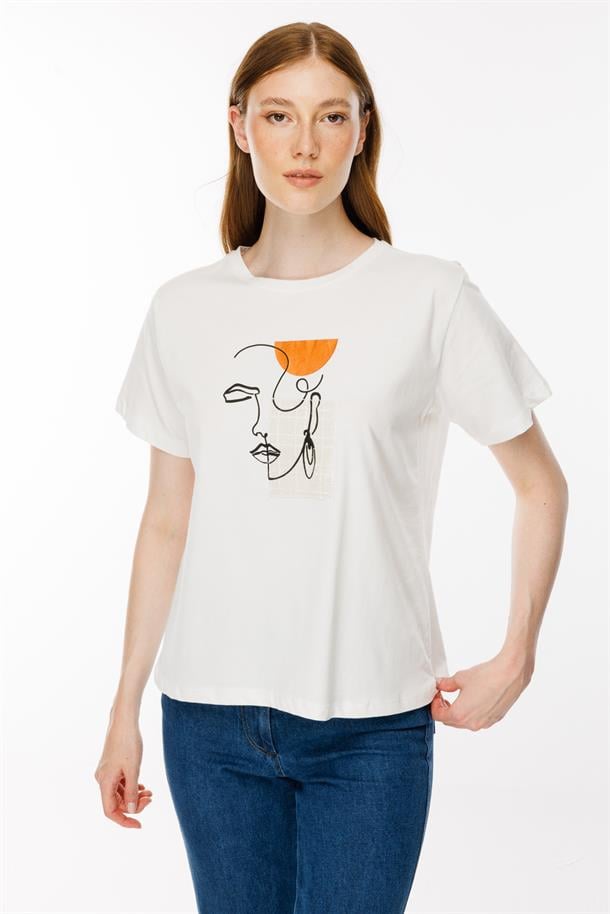 Baskı Yüz Desenli Tişört-EKRU