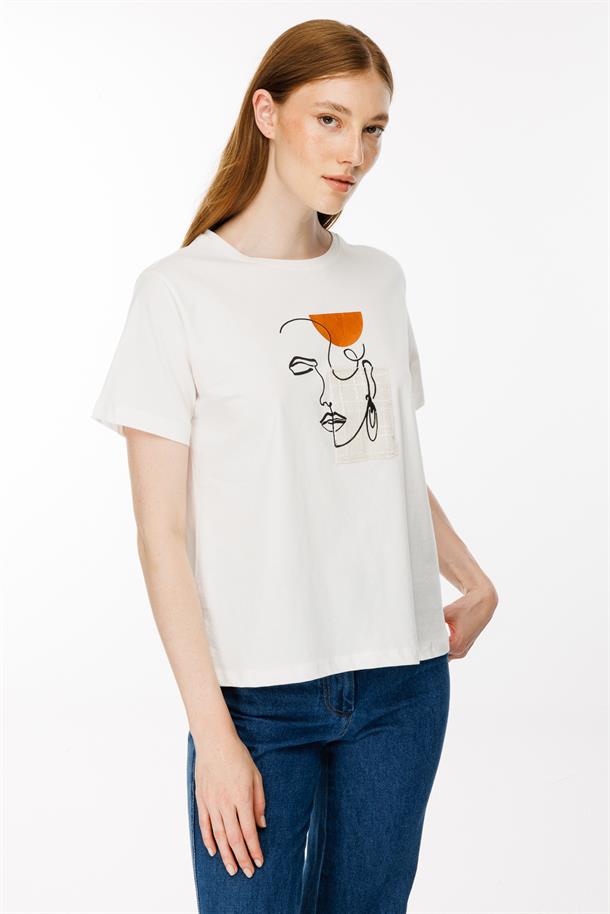 Baskı Yüz Desenli Tişört-EKRU