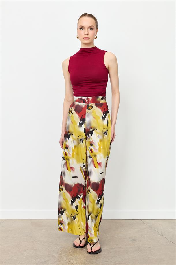 Baskılı Bol Paça Pantolon-SARI