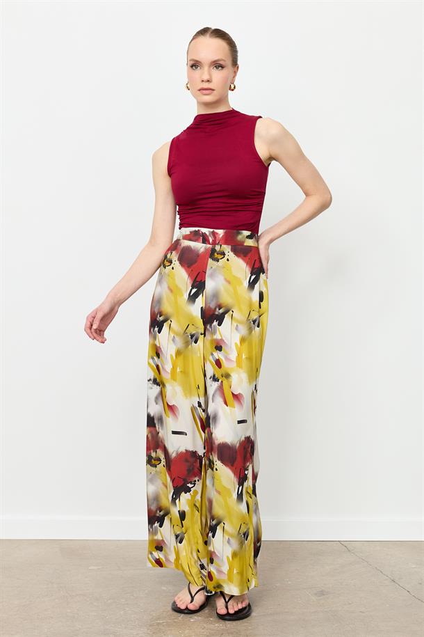 Baskılı Bol Paça Pantolon-SARI